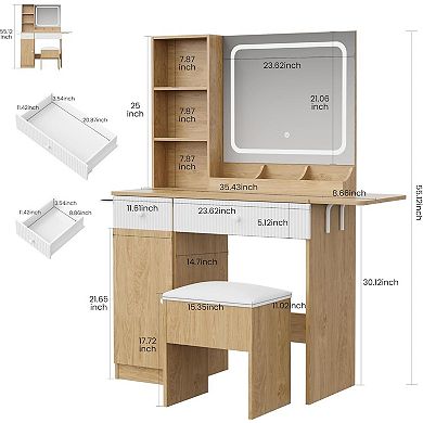 Natural Vanity Table with Lighted Mirror, Charging Station & Storage Stool