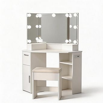 Corner Makeup Vanity Set with 3-Panel Mirror, Power Outlets, Stool & 3 Modes