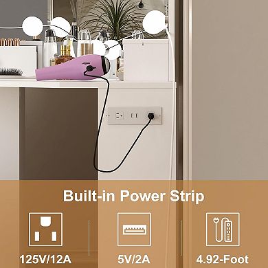 Corner Makeup Vanity Set with 3-Panel Mirror, Power Outlets, Stool & 3 Modes