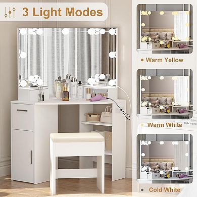 Corner Makeup Vanity Set with 3-Panel Mirror, Power Outlets, Stool & 3 Modes