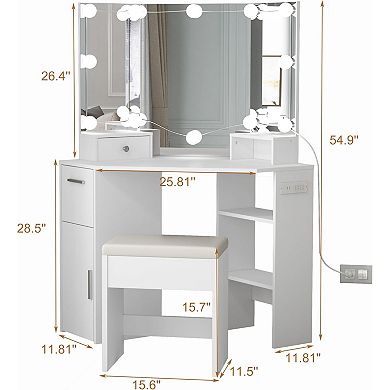 Corner Makeup Vanity Set with 3-Panel Mirror, Power Outlets, Stool & 3 Modes