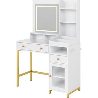 Vanity Desk with LED Mirror, 3 Color Modes, Outlet, Drawers & Shelves