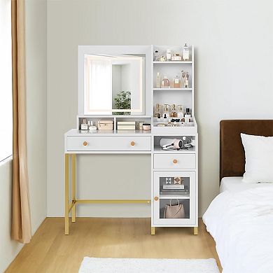 Vanity Desk with LED Mirror, 3 Color Modes, Outlet, Drawers & Shelves