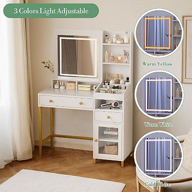 Vanity Desk with LED Mirror, 3 Color Modes, Outlet, Drawers & Shelves
