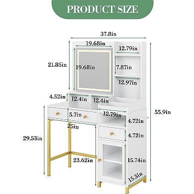 Vanity Desk with LED Mirror, 3 Color Modes, Outlet, Drawers & Shelves