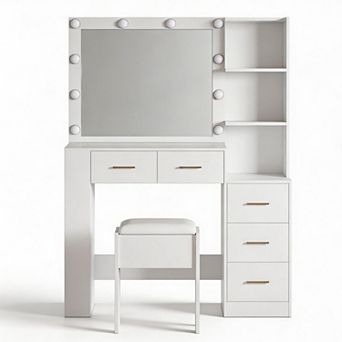 41" Dressing Tablewith 10-Bulb Mirror, 3 Color Modes, 5 Drawers & Stool