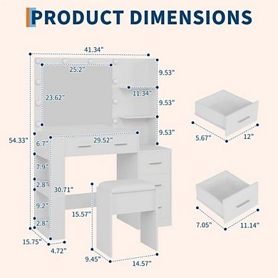 41" Dressing Tablewith 10-Bulb Mirror, 3 Color Modes, 5 Drawers & Stool