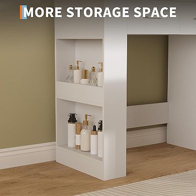 41" Dressing Tablewith 10-Bulb Mirror, 3 Color Modes, 5 Drawers & Stool