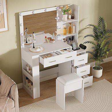 41" Dressing Tablewith 10-Bulb Mirror, 3 Color Modes, 5 Drawers & Stool