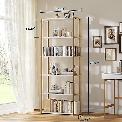 71" Tall 6-Tier Bookshelf Metal Frame Freestanding for Home Office Sturdy Storage Organizer