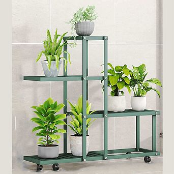 Large Plant Stand w/Wheels Tiered Plant Stand 4 Potted Multiple Flower Pot Holder Rack Outdoor