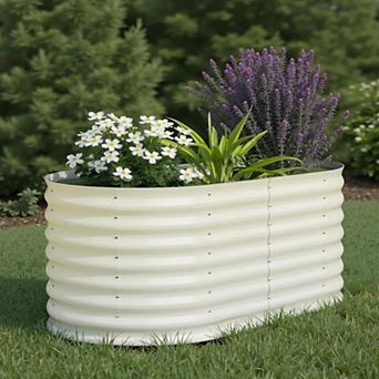 Outdoor Metal Raised Garden Bed with Safety Edging Oval Metal Planter Box for Planting Vegetables