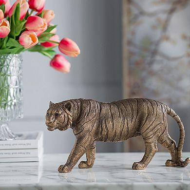 11.5x3.5x5.5" Tiger Statuette, Modern Animal Statue Decor with Copper Finish, for Home Office