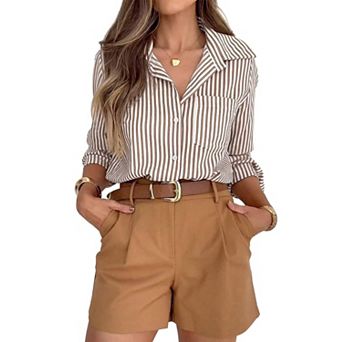 Women's Long Sleeve Striped Button Down Shirt Casual Collared Office Work Dress Shirt with Pocket