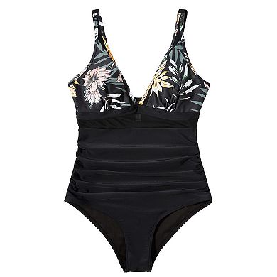Women's High Waisted One Piece Swimsuit V Neck Mesh Push Up Bathing Suit