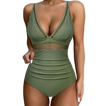 Women's High Waisted One Piece Swimsuit V Neck Mesh Push Up Bathing Suit
