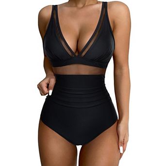 Women's High Waisted One Piece Swimsuit V Neck Mesh Push Up Bathing Suit