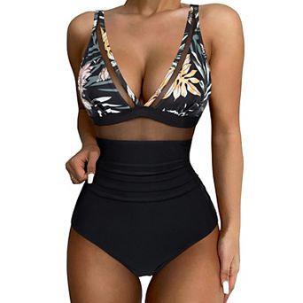 Women's High Waisted One Piece Swimsuit V Neck Mesh Push Up Bathing Suit