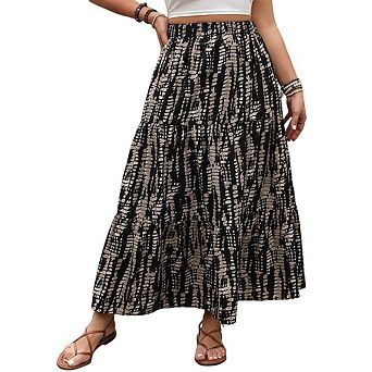 Plus Size Skirts for Curvy Women Elastic High Waist Boho Maxi Skirt Pleated A-Line Tiered Long Skirt