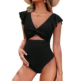 Maternity Swimsuit for Women One-Piece V-Neck Pregnancy Swimwear Tie-Back Ruffle Sleeves