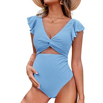 Maternity Swimsuit for Women One-Piece V-Neck Pregnancy Swimwear Tie-Back Ruffle Sleeves