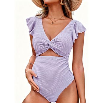 Maternity Swimsuit for Women One-Piece V-Neck Pregnancy Swimwear Tie-Back Ruffle Sleeves
