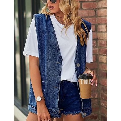 Women's Oversized Denim Vest Sleeveless Mid Long Casual Button Down Jean Jacket Waistcoat Tops