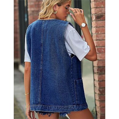 Women's Oversized Denim Vest Sleeveless Mid Long Casual Button Down Jean Jacket Waistcoat Tops