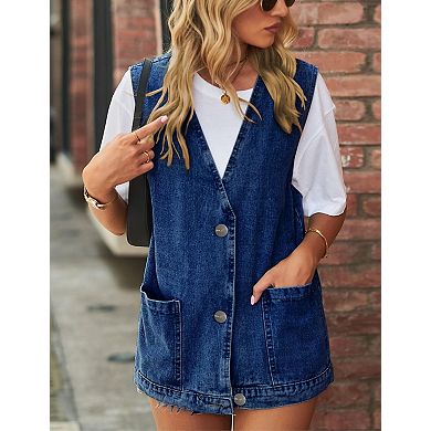 Women's Oversized Denim Vest Sleeveless Mid Long Casual Button Down Jean Jacket Waistcoat Tops