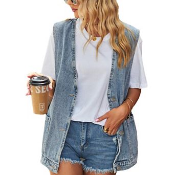 Women's Oversized Denim Vest Sleeveless Mid Long Casual Button Down Jean Jacket Waistcoat Tops