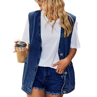Women's Oversized Denim Vest Sleeveless Mid Long Casual Button Down Jean Jacket Waistcoat Tops