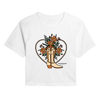 Juniors' Yellowstone Floral Cowboy Boot Cropped Tee