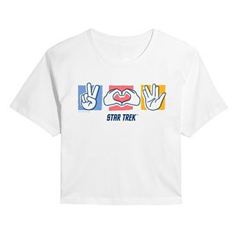 Juniors' Star Trek Peace, Love & Vulcan Salute Cropped Tee