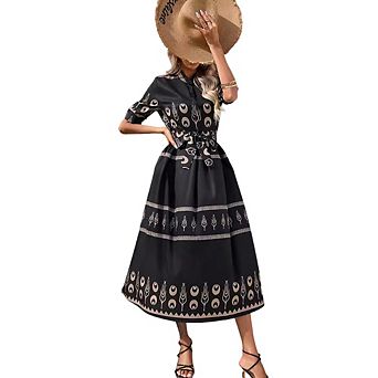 Womens Summer Boho Midi Dress Trendy Short Sleeve Henley Tie Waist Flowy Beach Floral Dresses