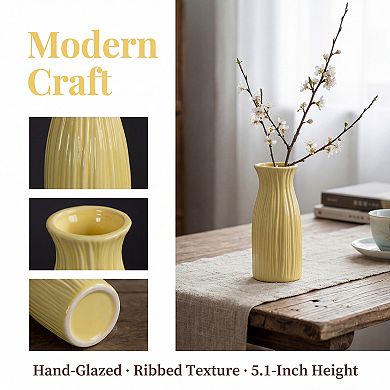 Small Ceramic Bud Vase Modern Cylinder Vase Matte Ribbed Decorative Flower Vase for Boho Home Decor