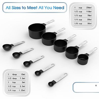 Measuring cup and spoon set, stackable, stainless steel handles