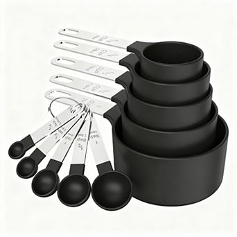 Measuring cup and spoon set, stackable, stainless steel handles