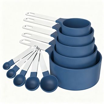 Measuring cup and spoon set, stackable, stainless steel handles