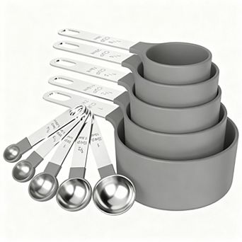 Measuring cup and spoon set, stackable, stainless steel handles