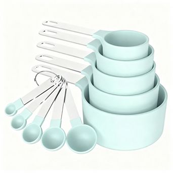 Measuring cup and spoon set, stackable, stainless steel handles