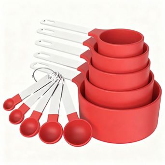 Measuring cup and spoon set, stackable, stainless steel handles