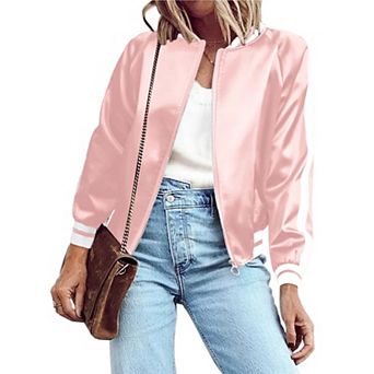 Zeagoo Women's Classic Solid Striped Biker Jacket Zip Up Fashion Bomber Jacket Coat