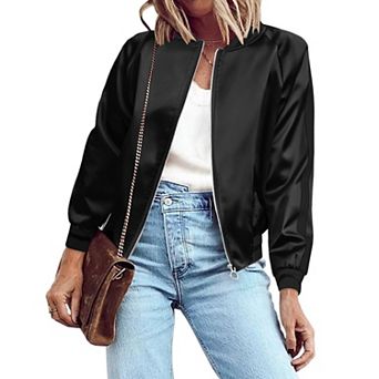 Zeagoo Women's Classic Solid Striped Biker Jacket Zip Up Fashion Bomber Jacket Coat