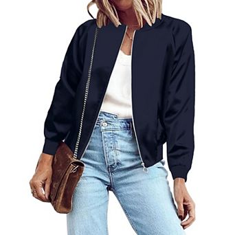 Zeagoo Women's Classic Solid Striped Biker Jacket Zip Up Fashion Bomber Jacket Coat