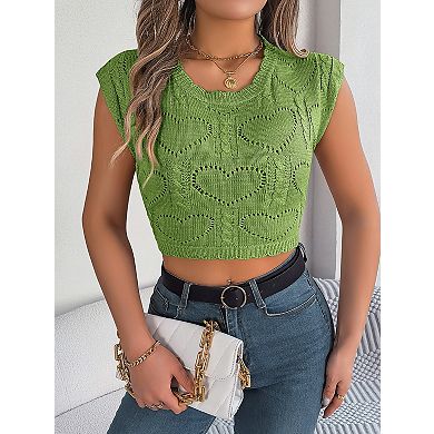 Women's Sleeveless Round Neck Knitted Sweater Tops Hollow Crop Knit Top Vests