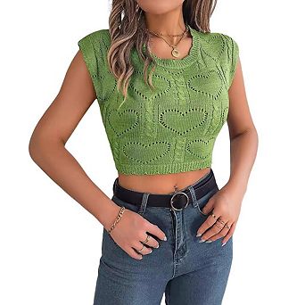 Women's Sleeveless Round Neck Knitted Sweater Tops Hollow Crop Knit Top Vests