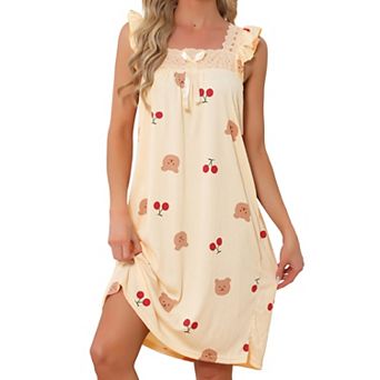 Women's Sleeveless Lace Nightdress Ruffle Frill Cute Print Pattern Midi Summer Sleepdress Loungewear