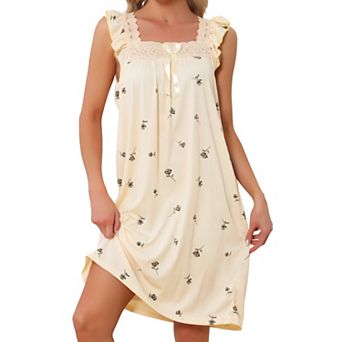 Women's Sleeveless Lace Nightdress Ruffle Frill Cute Print Pattern Midi Summer Sleepdress Loungewear