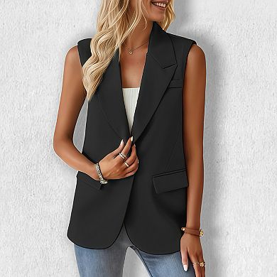 Women's Notched Lapel Sleeveless Blazer - Tailored Vest Open Front Office Cardigan