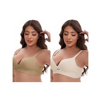 2 Packs Women's Wireless Deep V-Neck Push Up Minimizers Adjustable Spaghetti Straps No Show Bras